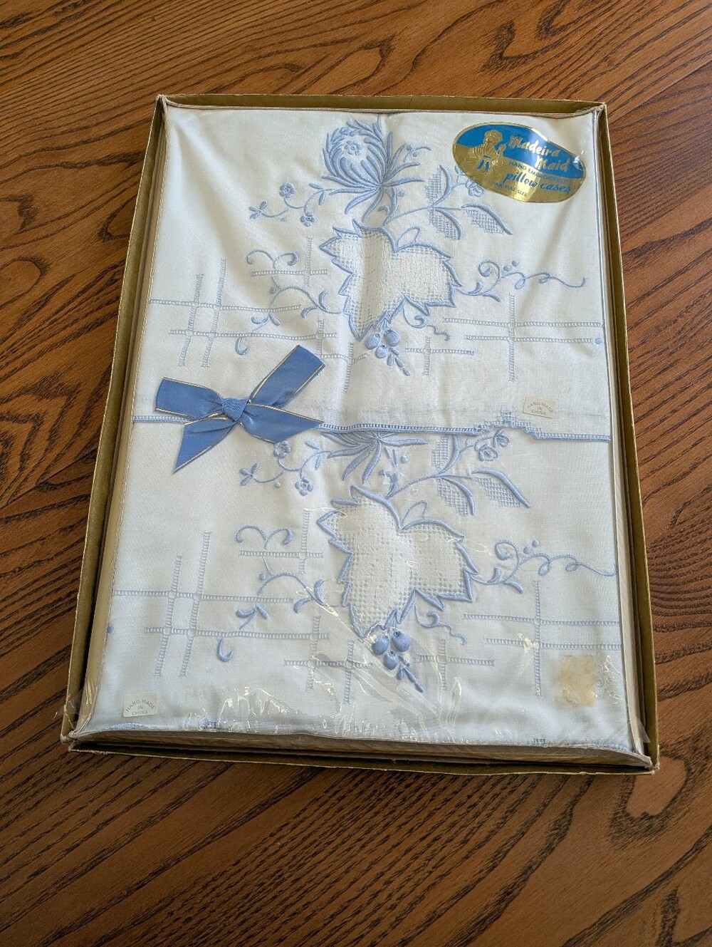 Madeira Maid. Embroidered Pillowcases Set in Light Blue and White. Vintage.